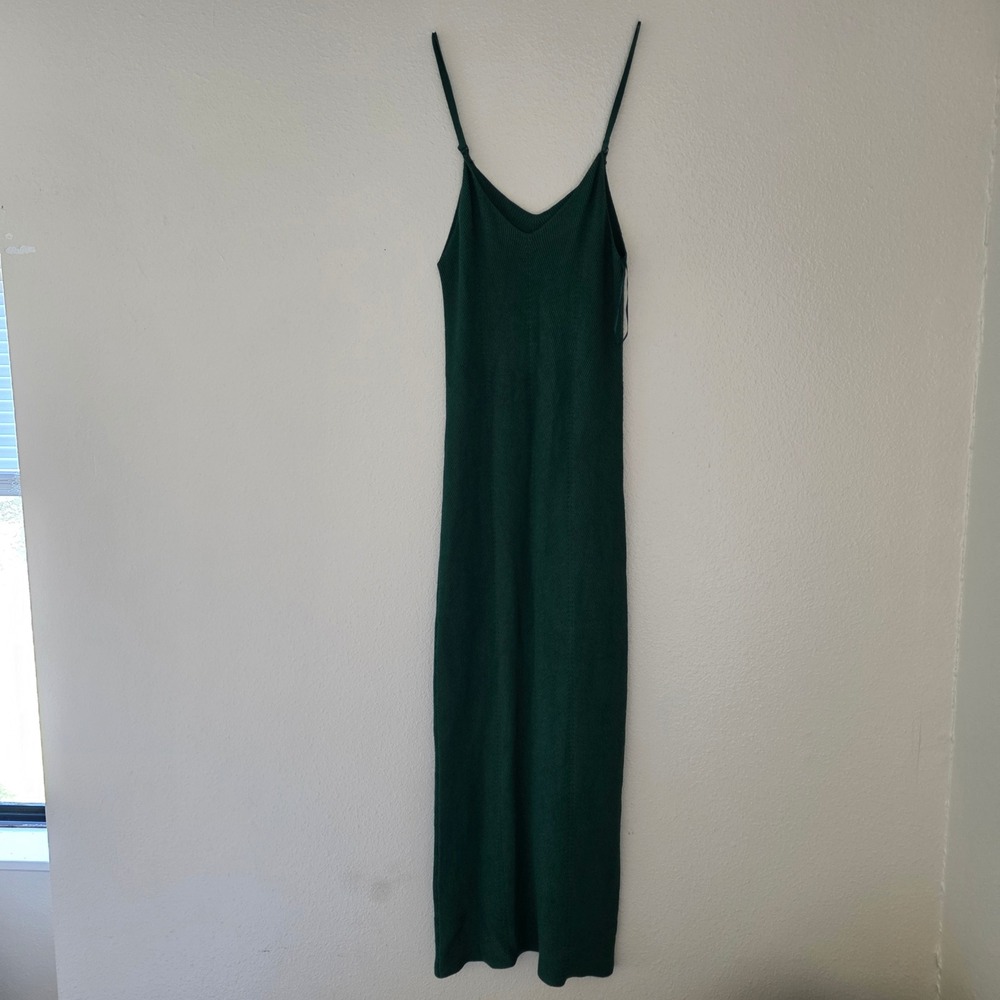 Freshman 1996 Women Green Ribbed Knit Maxi Dress V-Neck Adjustable Strap Small